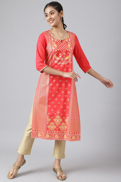 Red Floral Foil Print Ethnic kurta