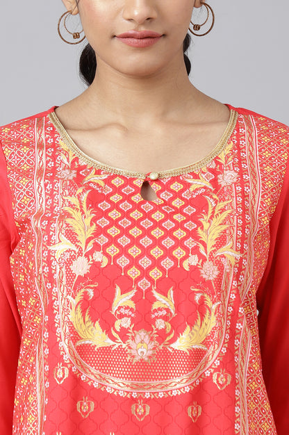 Red Floral Foil Print Ethnic kurta