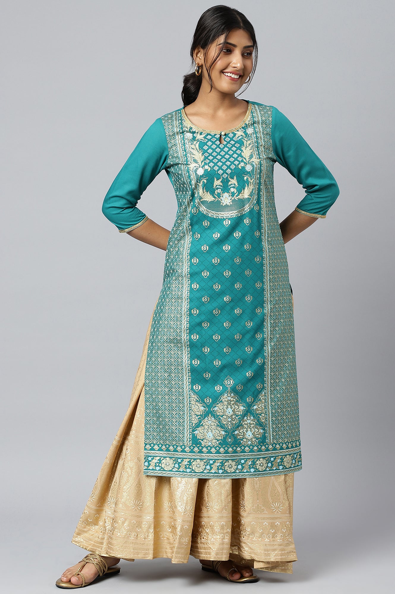 Green Floral Foil Print Ethnic LIVA kurta