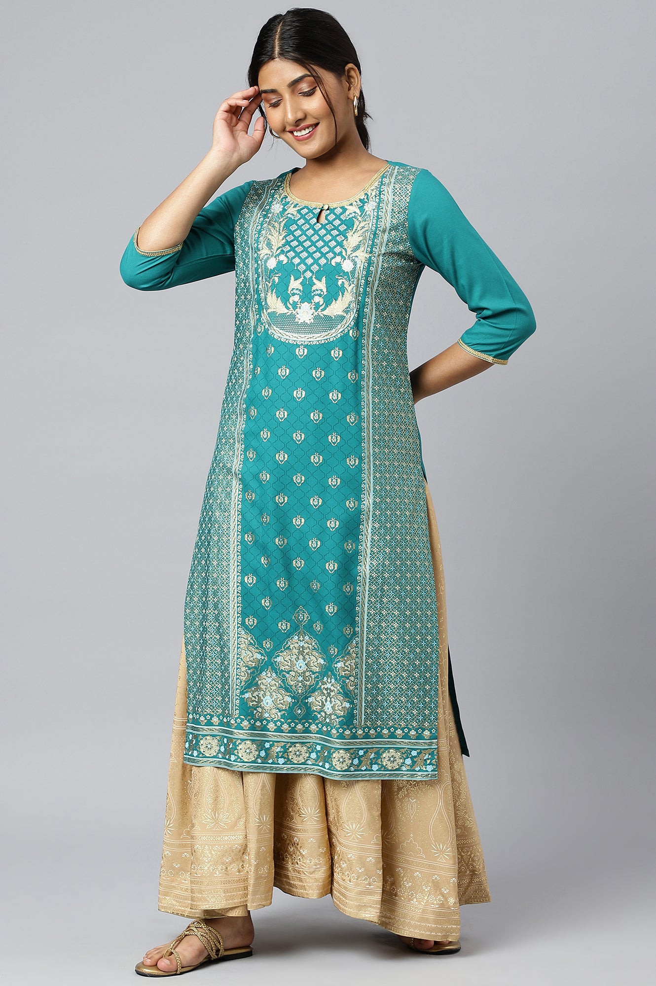 Green Floral Foil Print Ethnic LIVA kurta