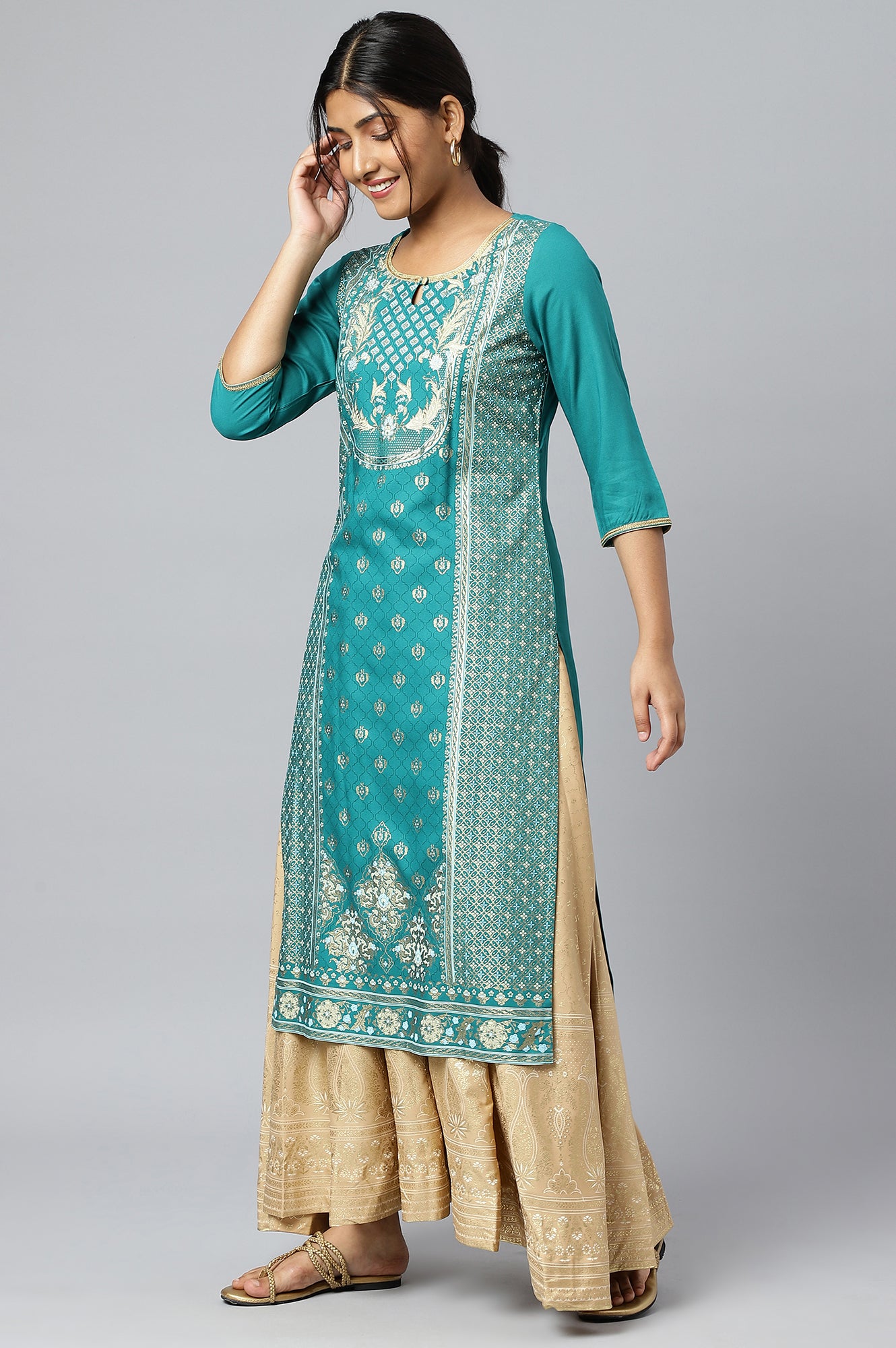 Green Floral Foil Print Ethnic LIVA kurta