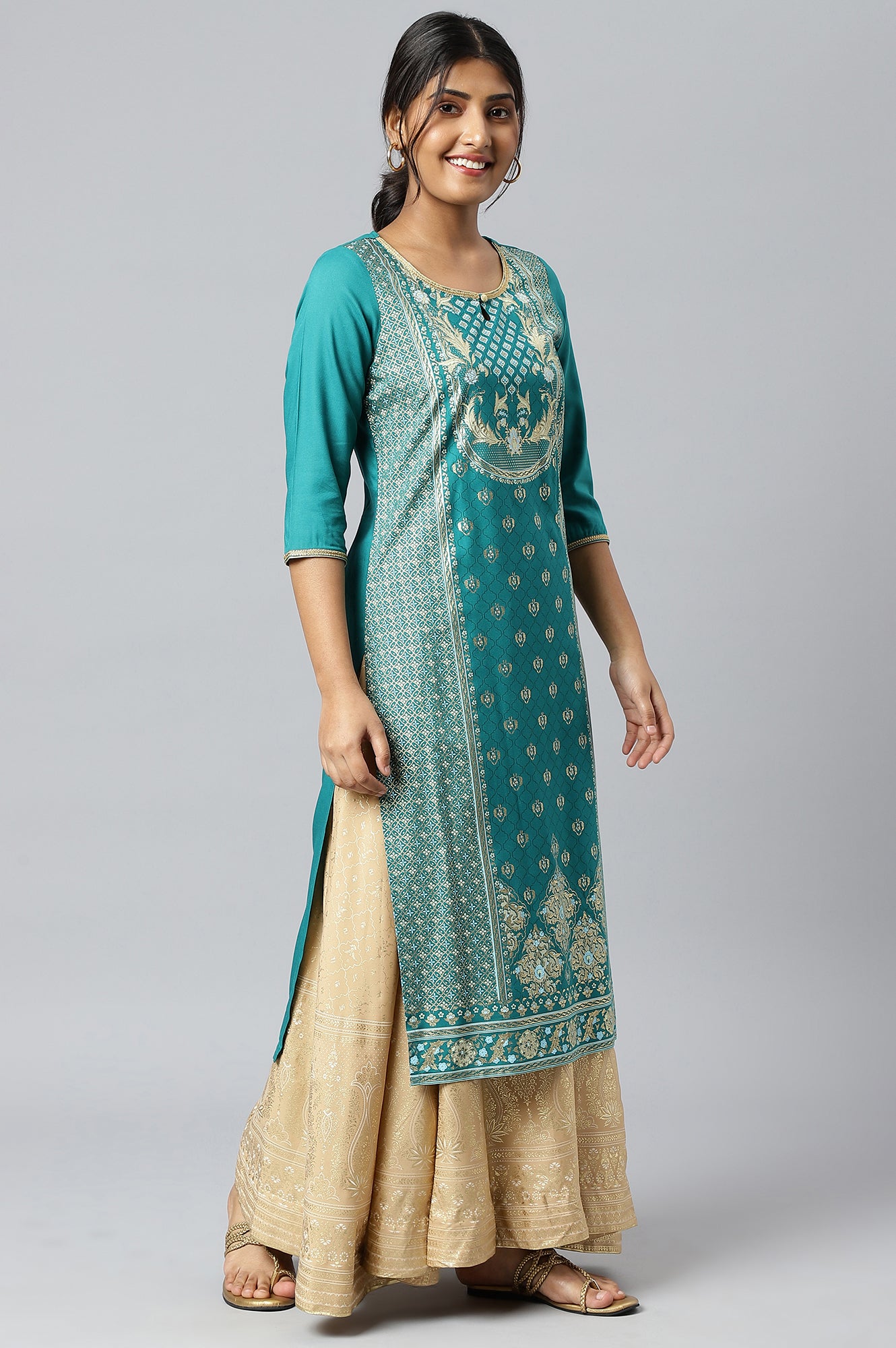 Green Floral Foil Print Ethnic LIVA kurta