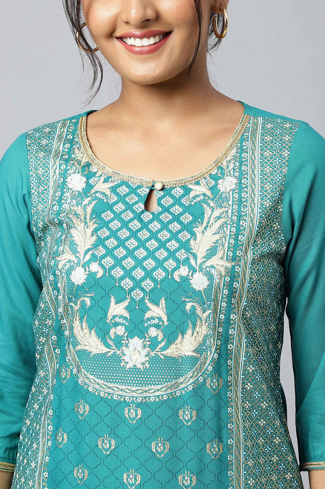 Green Floral Foil Print Ethnic LIVA kurta