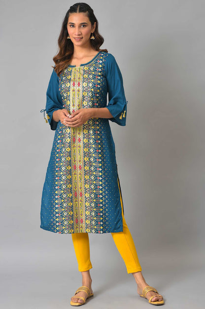 Blue Floral Printed Sequined Ethnic Liva kurta