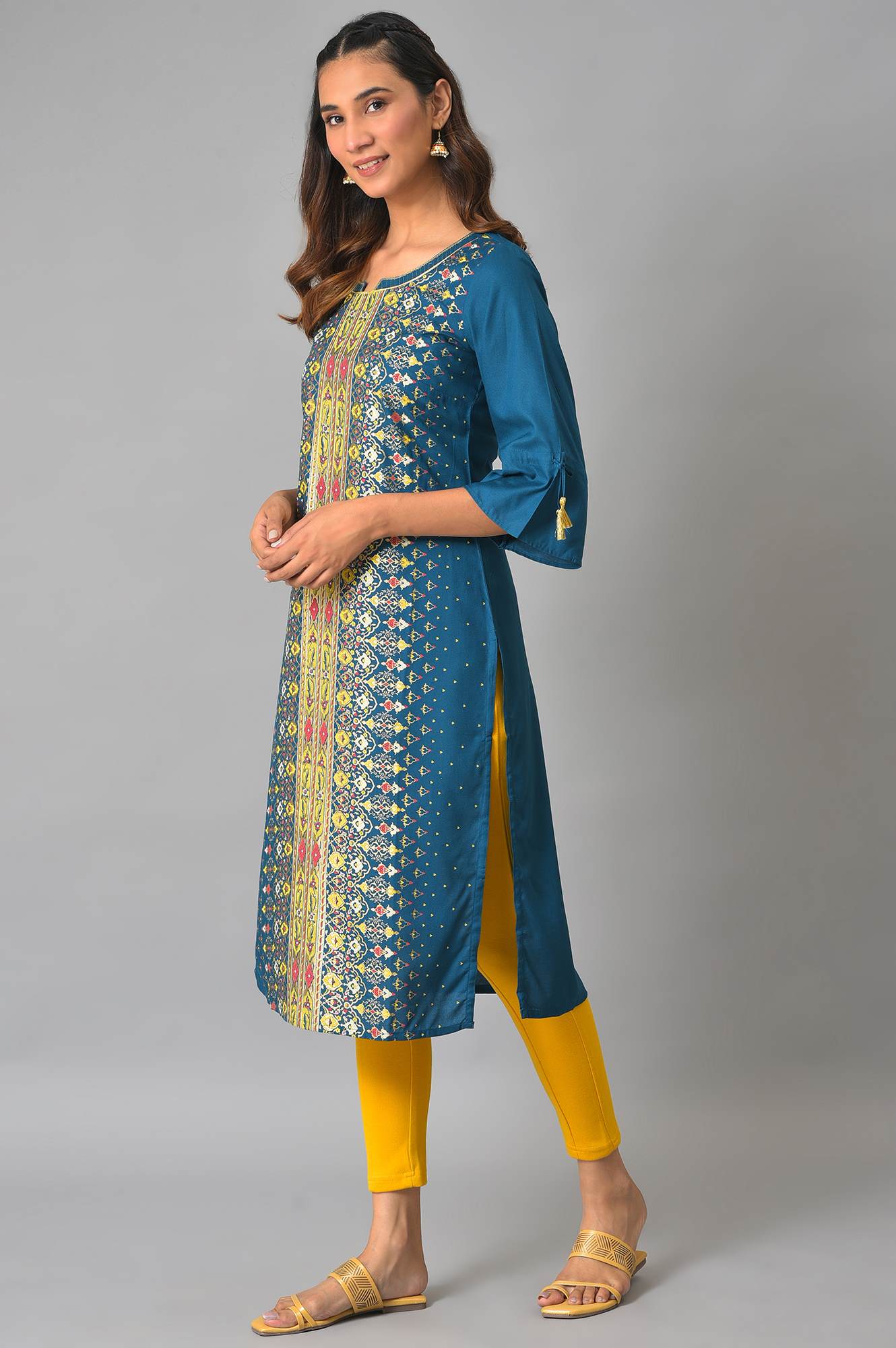 Blue Floral Printed Sequined Ethnic Liva kurta