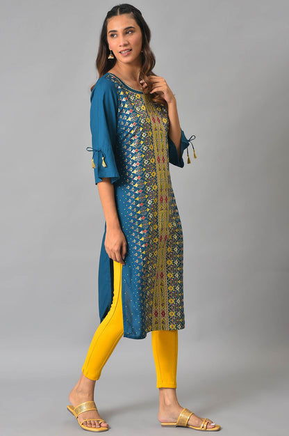 Blue Floral Printed Sequined Ethnic Liva kurta