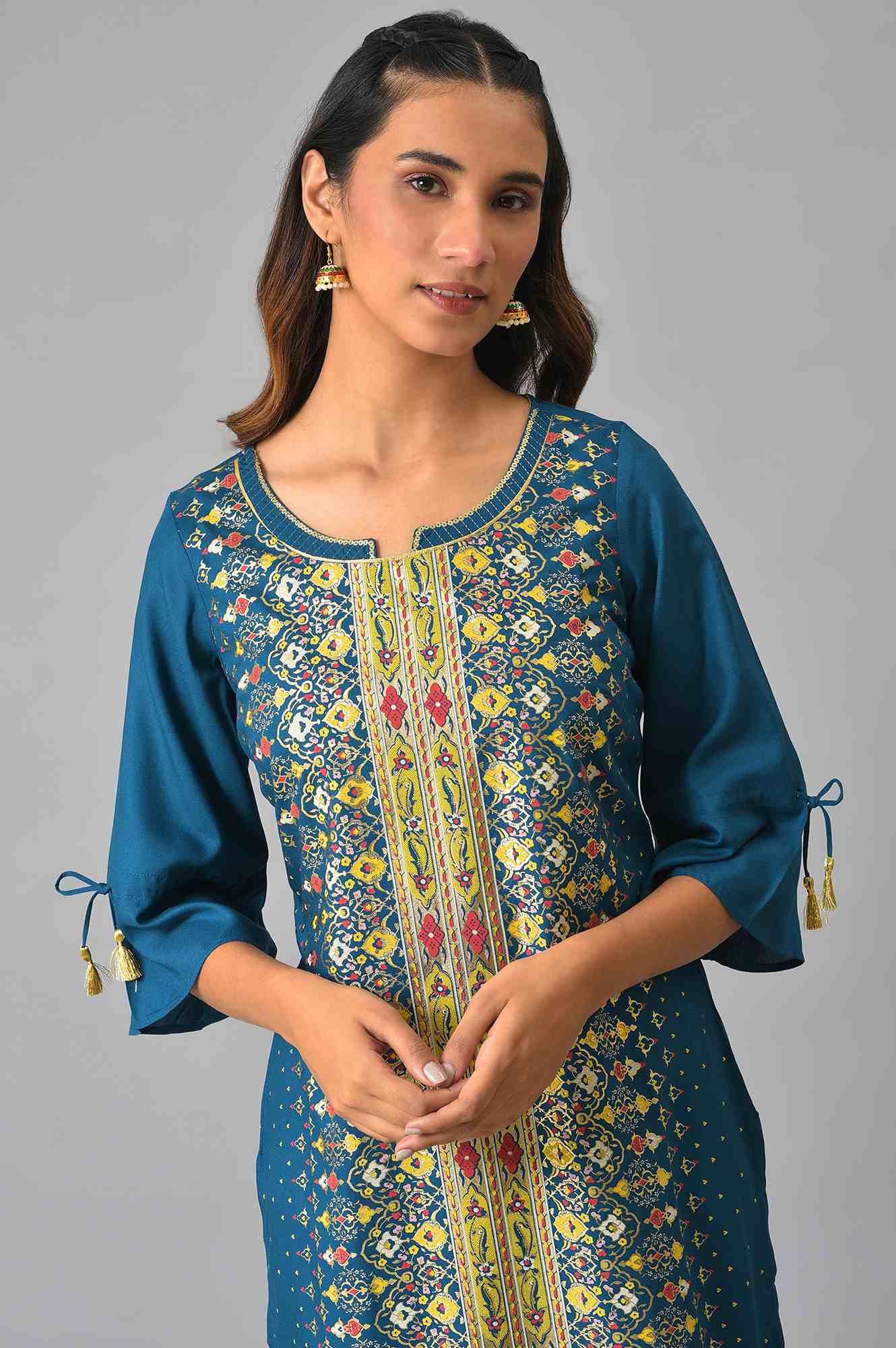 Blue Floral Printed Sequined Ethnic Liva kurta