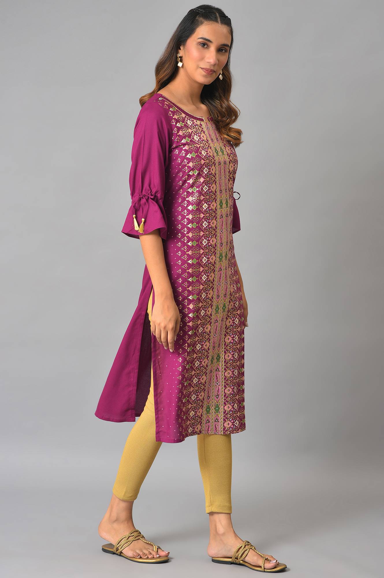 Purple Floral Printed Sequined Ethnic Liva kurta