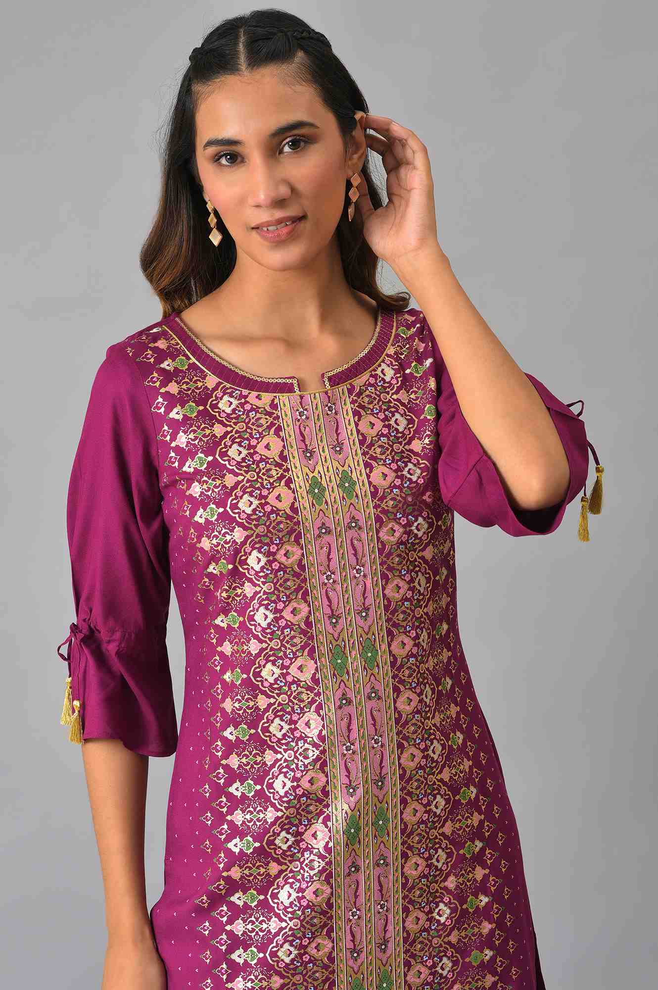 Purple Floral Printed Sequined Ethnic Liva kurta