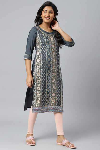 Grey Floral Printed Sequined Ethnic kurta