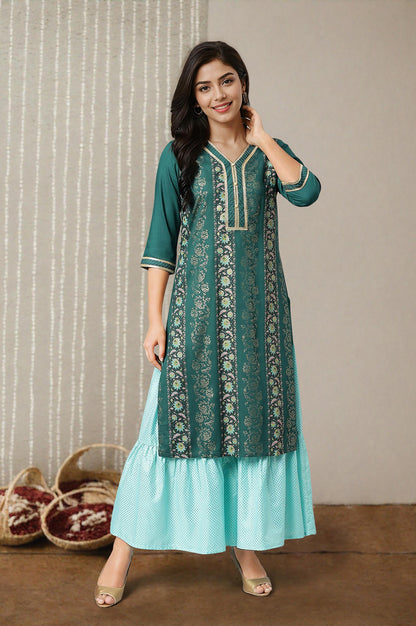 Green Floral Foil Print Ethnic LIVA kurta