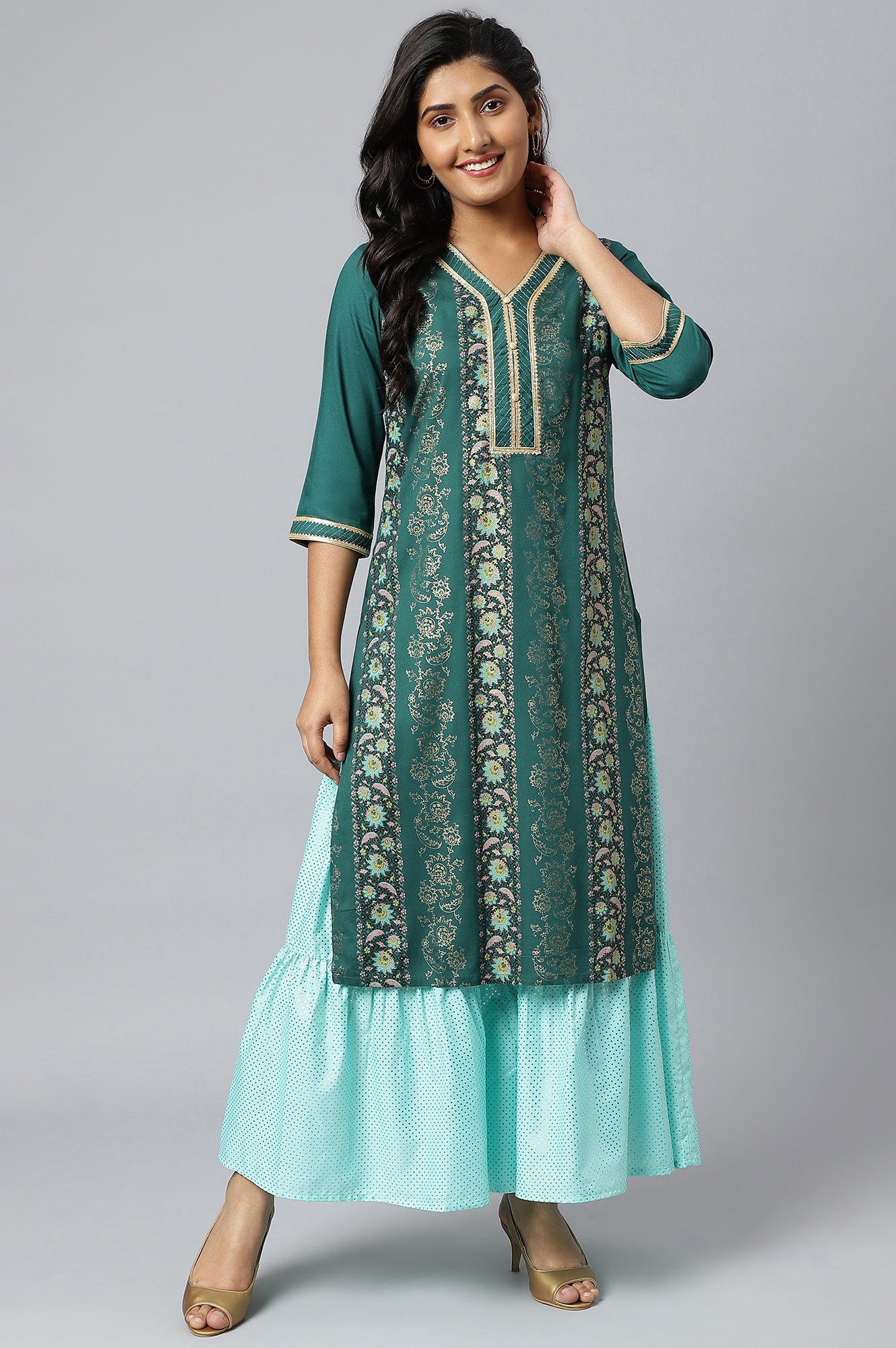 Green Floral Foil Print Ethnic LIVA kurta