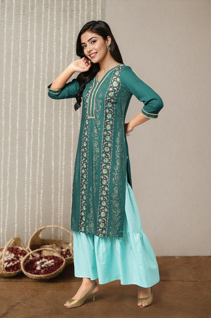 Green Floral Foil Print Ethnic LIVA kurta