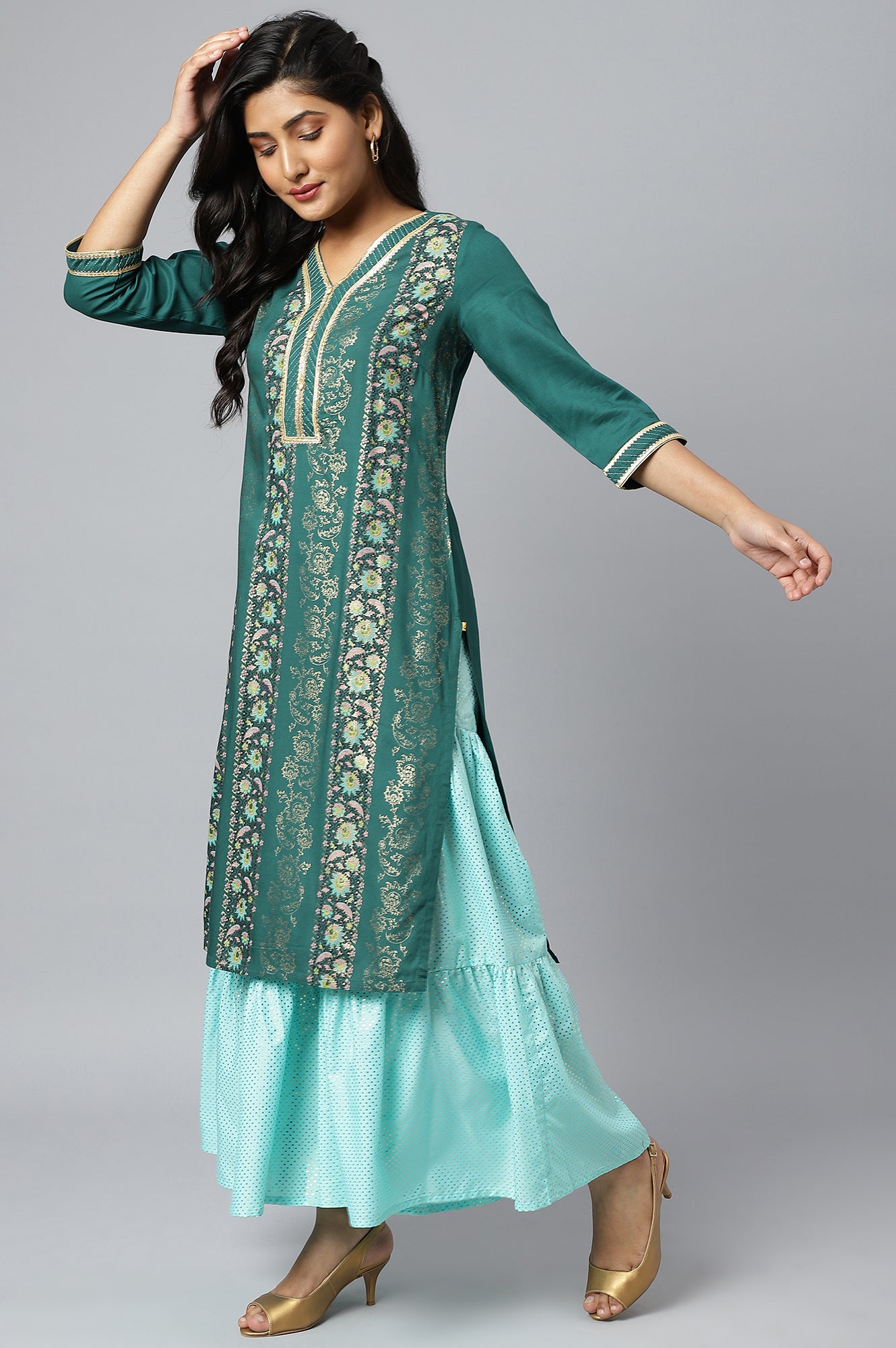 Green Floral Foil Print Ethnic LIVA kurta