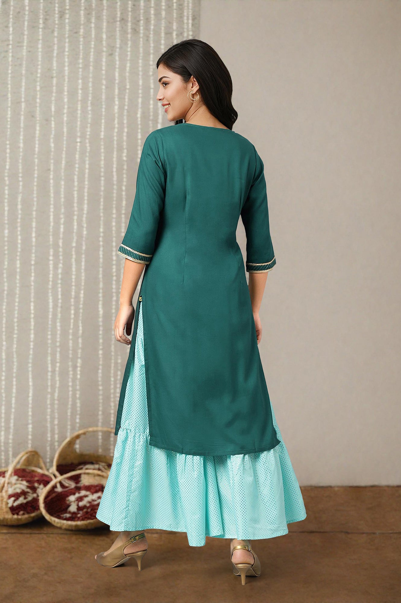 Green Floral Foil Print Ethnic LIVA kurta