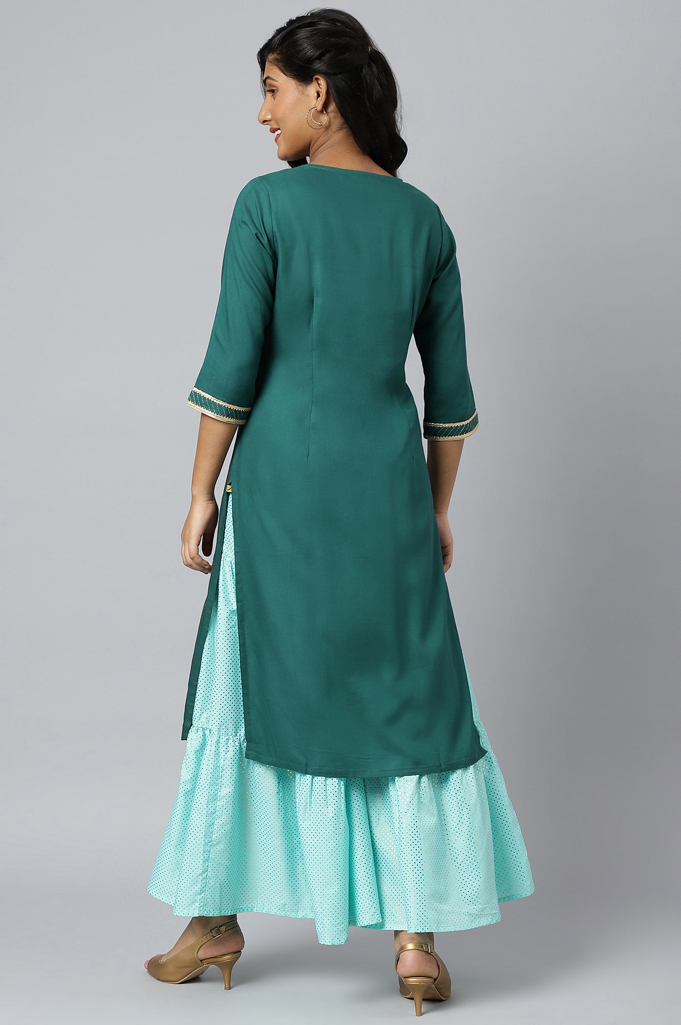 Green Floral Foil Print Ethnic LIVA kurta