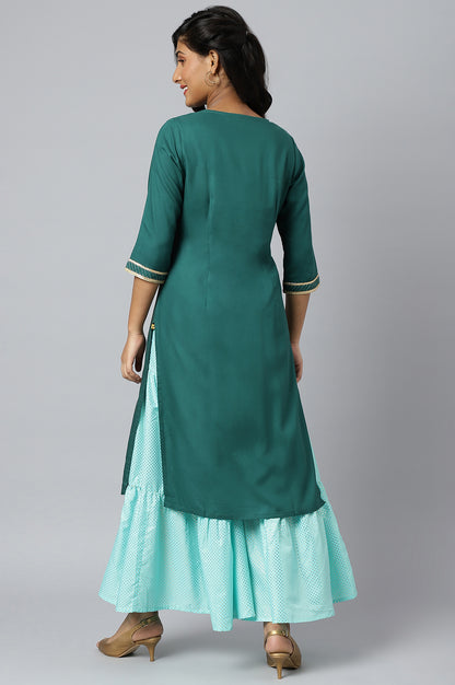 Green Floral Foil Print Ethnic LIVA kurta