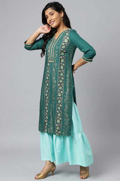 Green Floral Foil Print Ethnic LIVA kurta