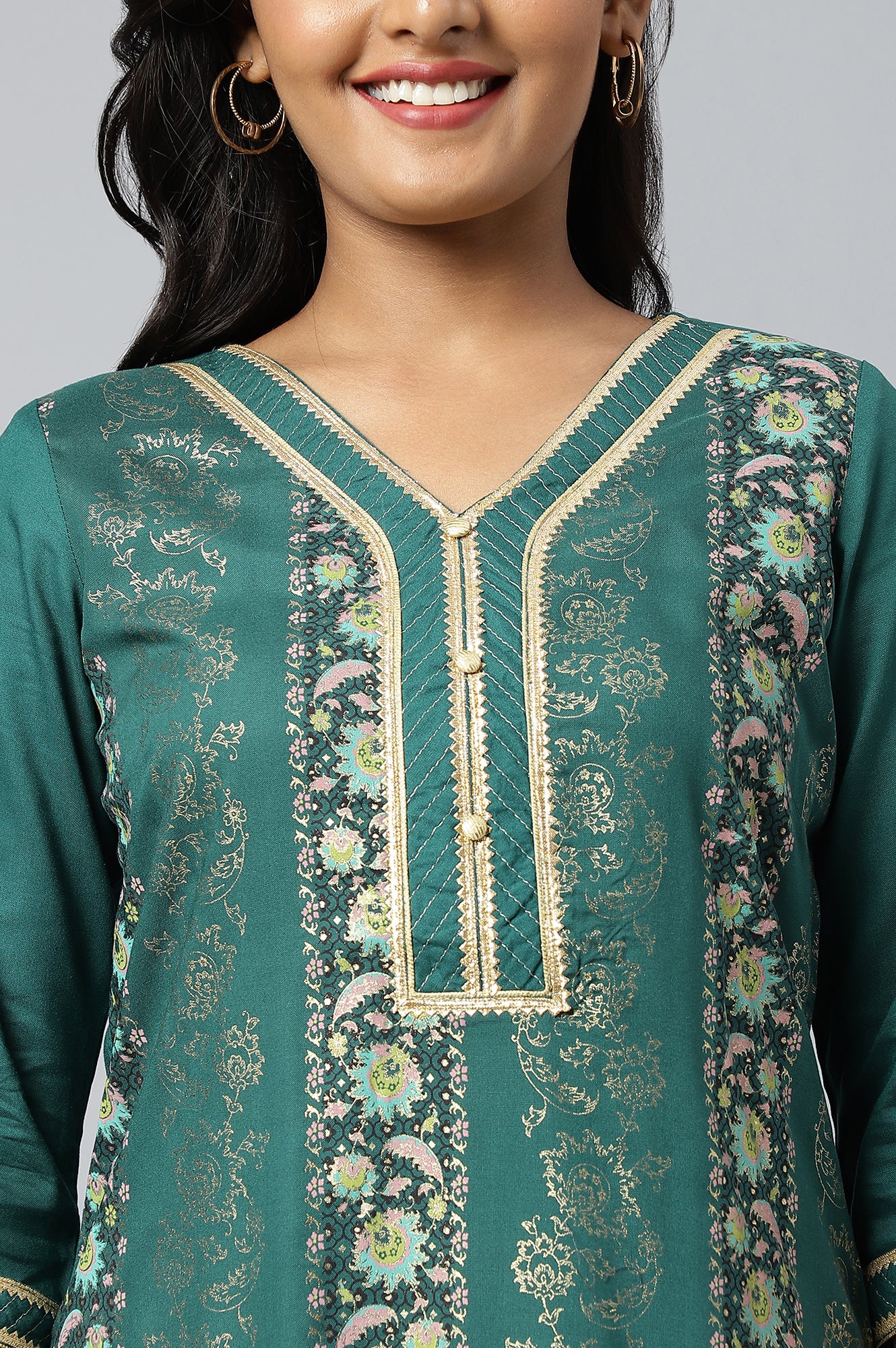 Green Floral Foil Print Ethnic LIVA kurta