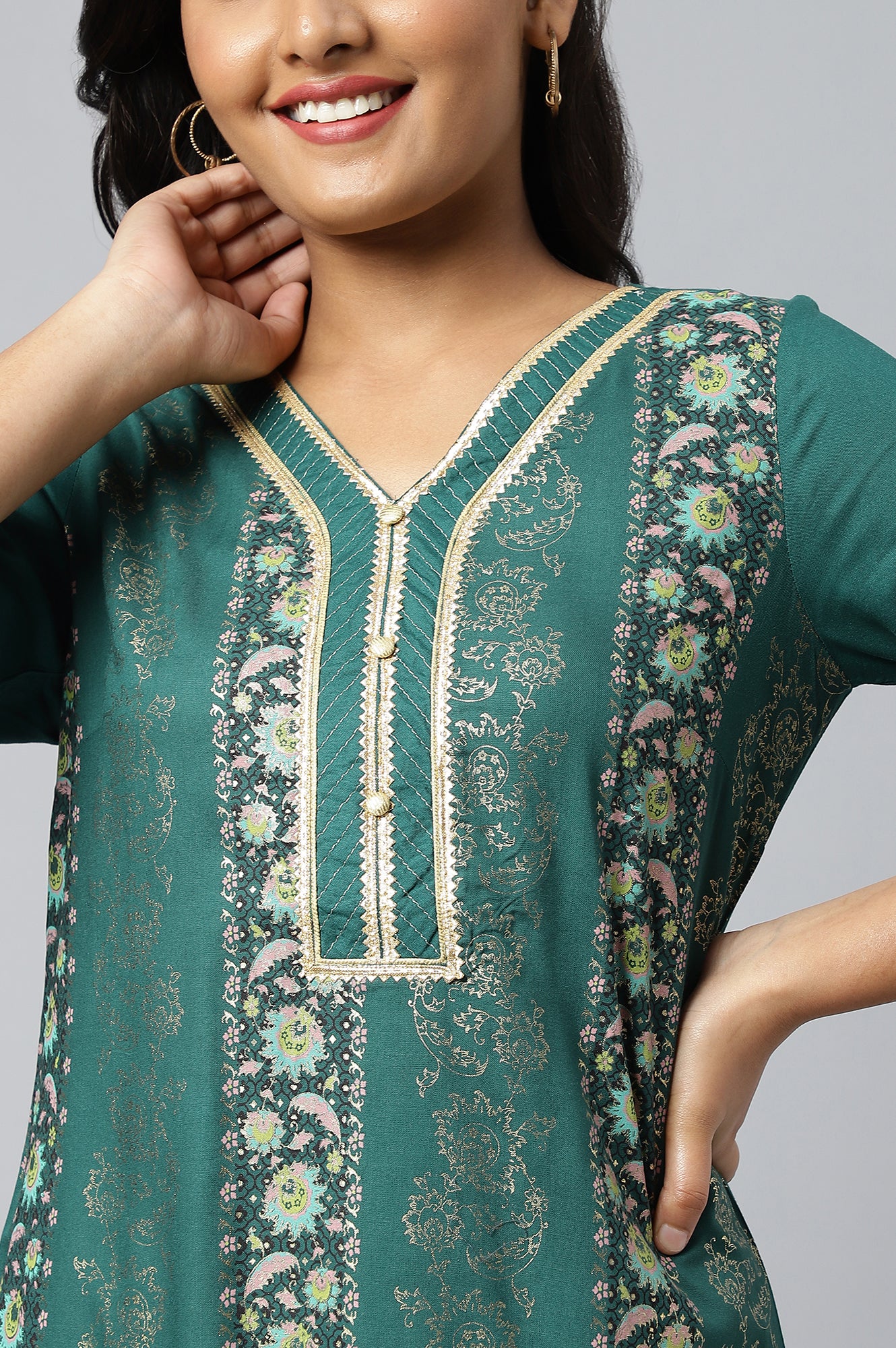 Green Floral Foil Print Ethnic LIVA kurta