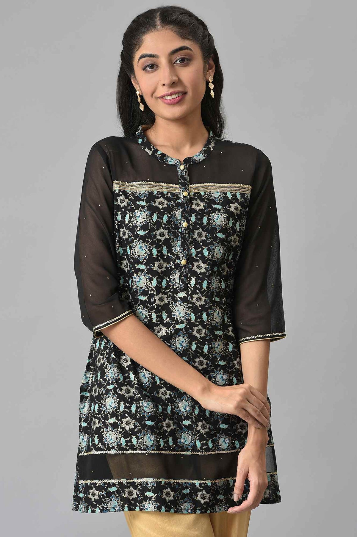 Black Floral Printed Sequined Ethnic LIVA kurta - XS