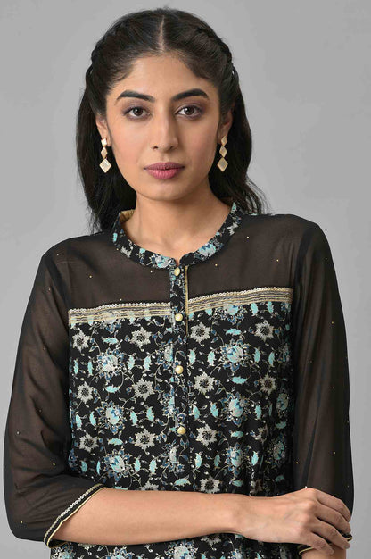 Black Floral Printed Sequined Ethnic LIVA kurta