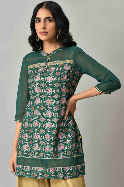 Green Floral Printed Sequined Ethnic LIVA kurta