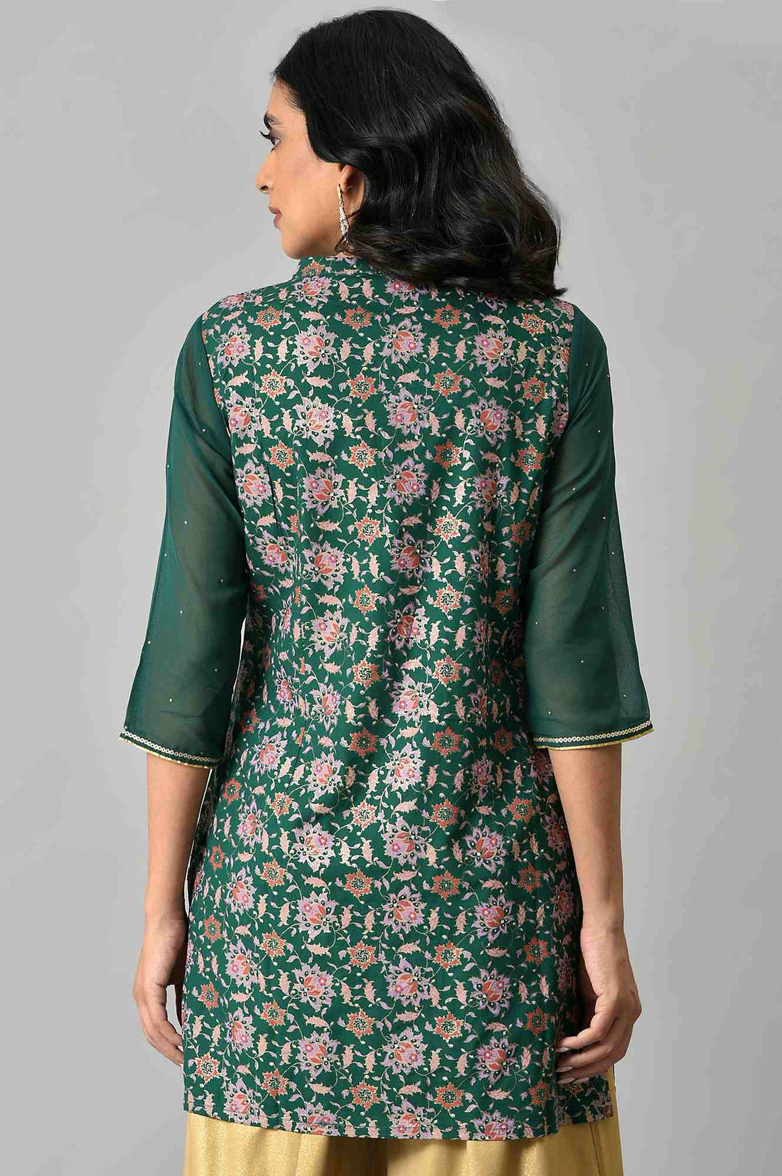 Green Floral Printed Sequined Ethnic LIVA kurta