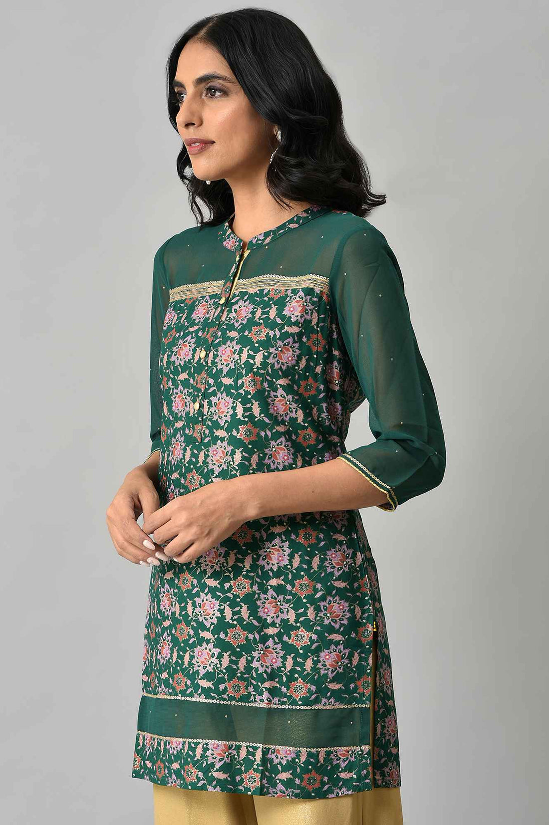 Green Floral Printed Sequined Ethnic LIVA kurta