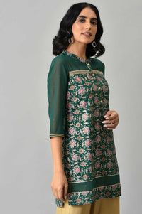 Green Floral Printed Sequined Ethnic LIVA kurta