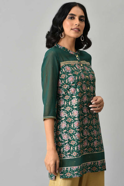 Green Floral Printed Sequined Ethnic LIVA kurta