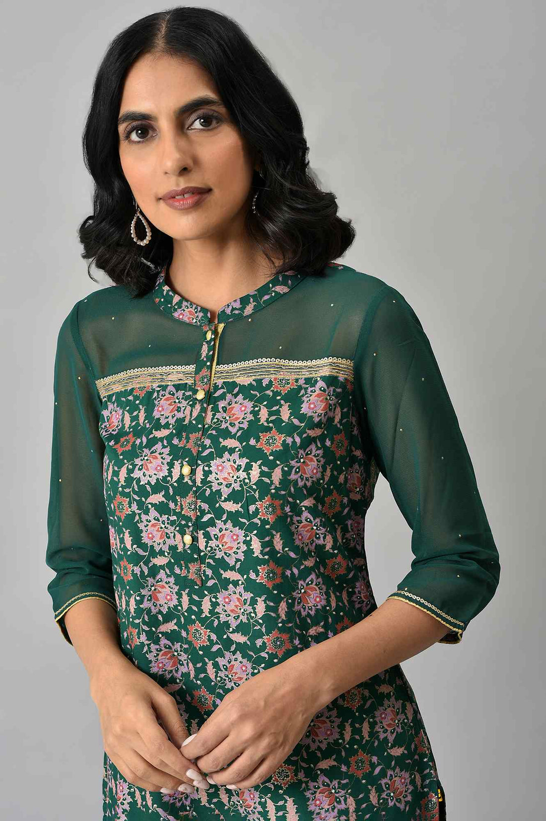 Green Floral Printed Sequined Ethnic LIVA kurta