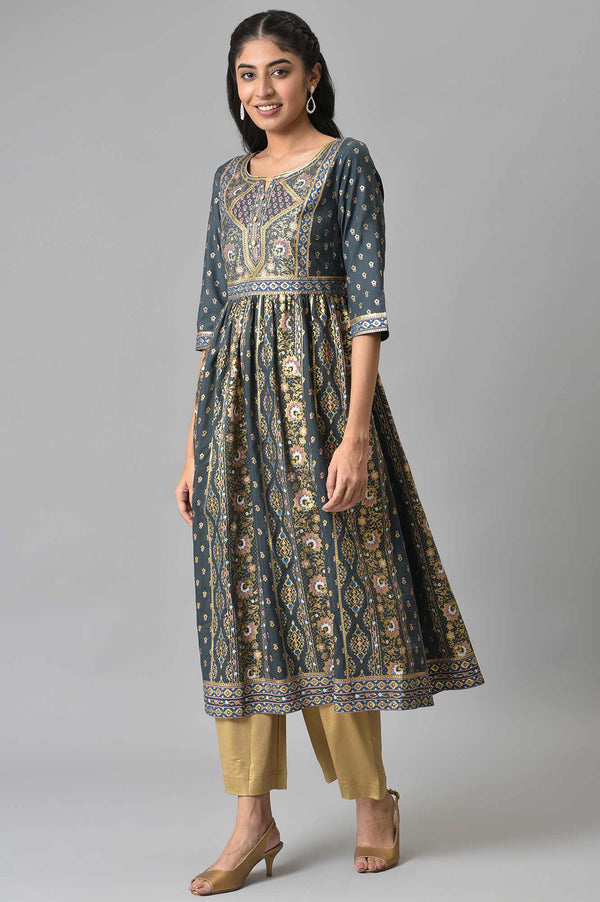 Grey Muslin Zari Embroidered Ethnic kurta