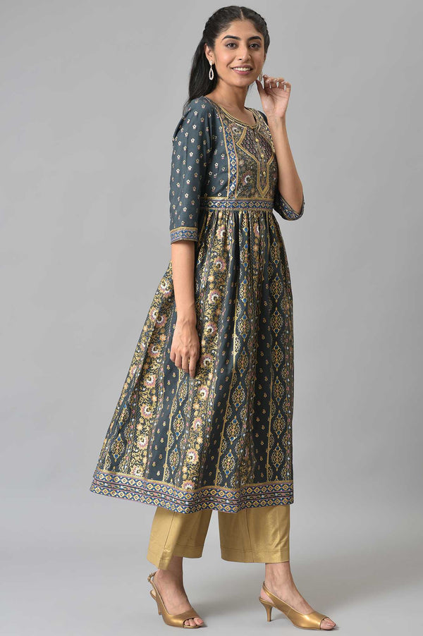 Grey Muslin Zari Embroidered Ethnic kurta