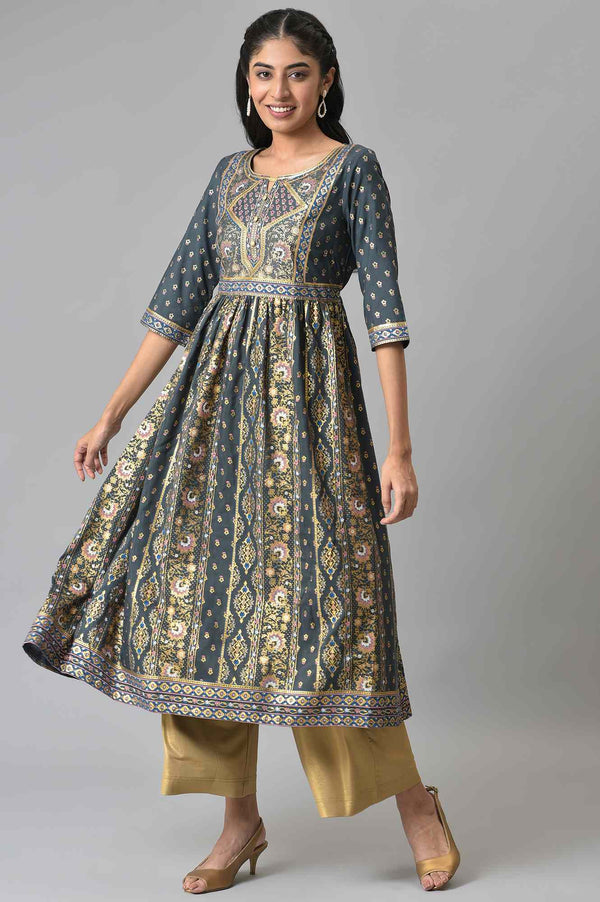 Grey Muslin Zari Embroidered Ethnic kurta