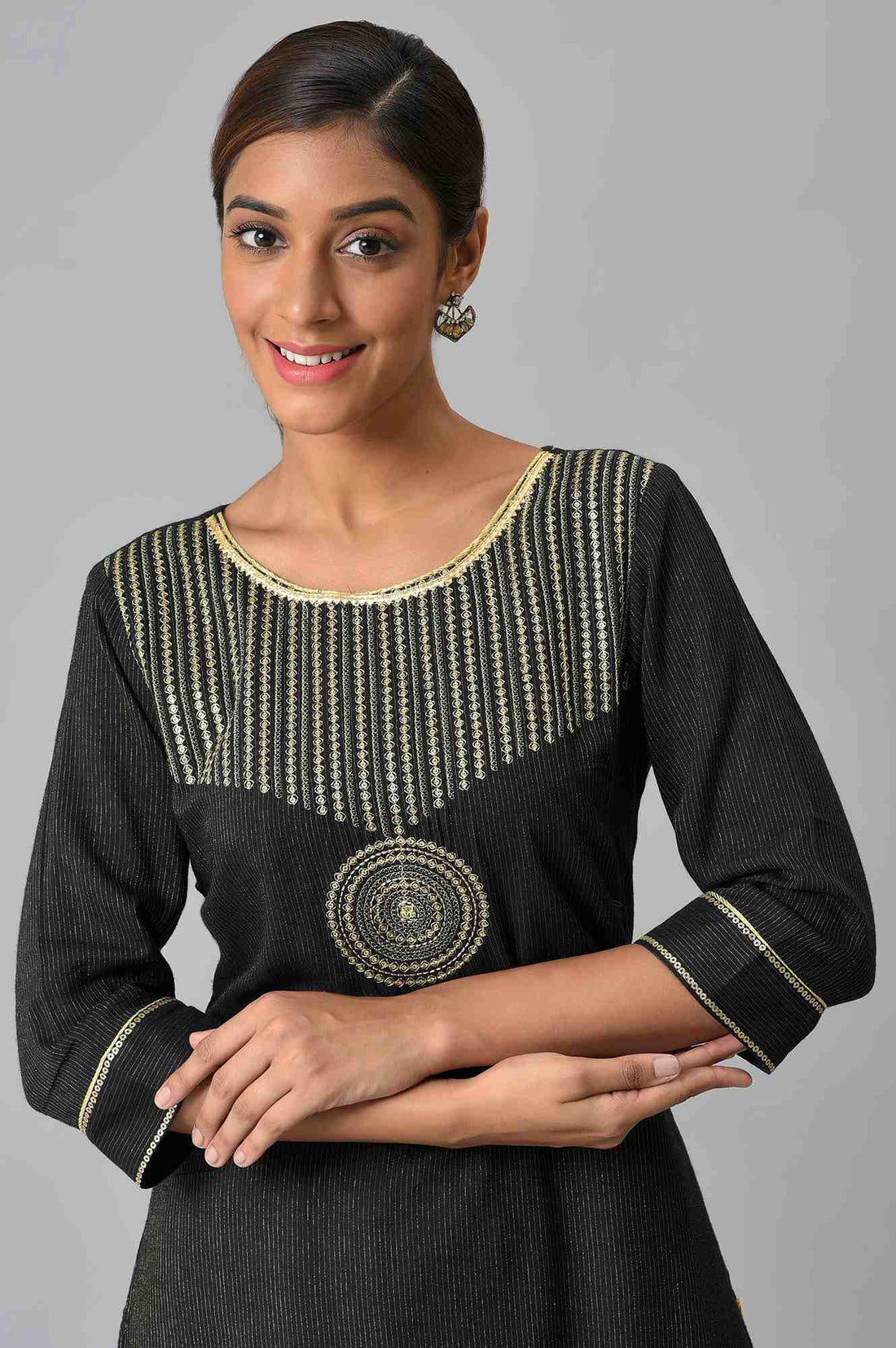 Black Zari Embroidered and Sequins Viscose Blend Straight Kurta and Palazzo Set