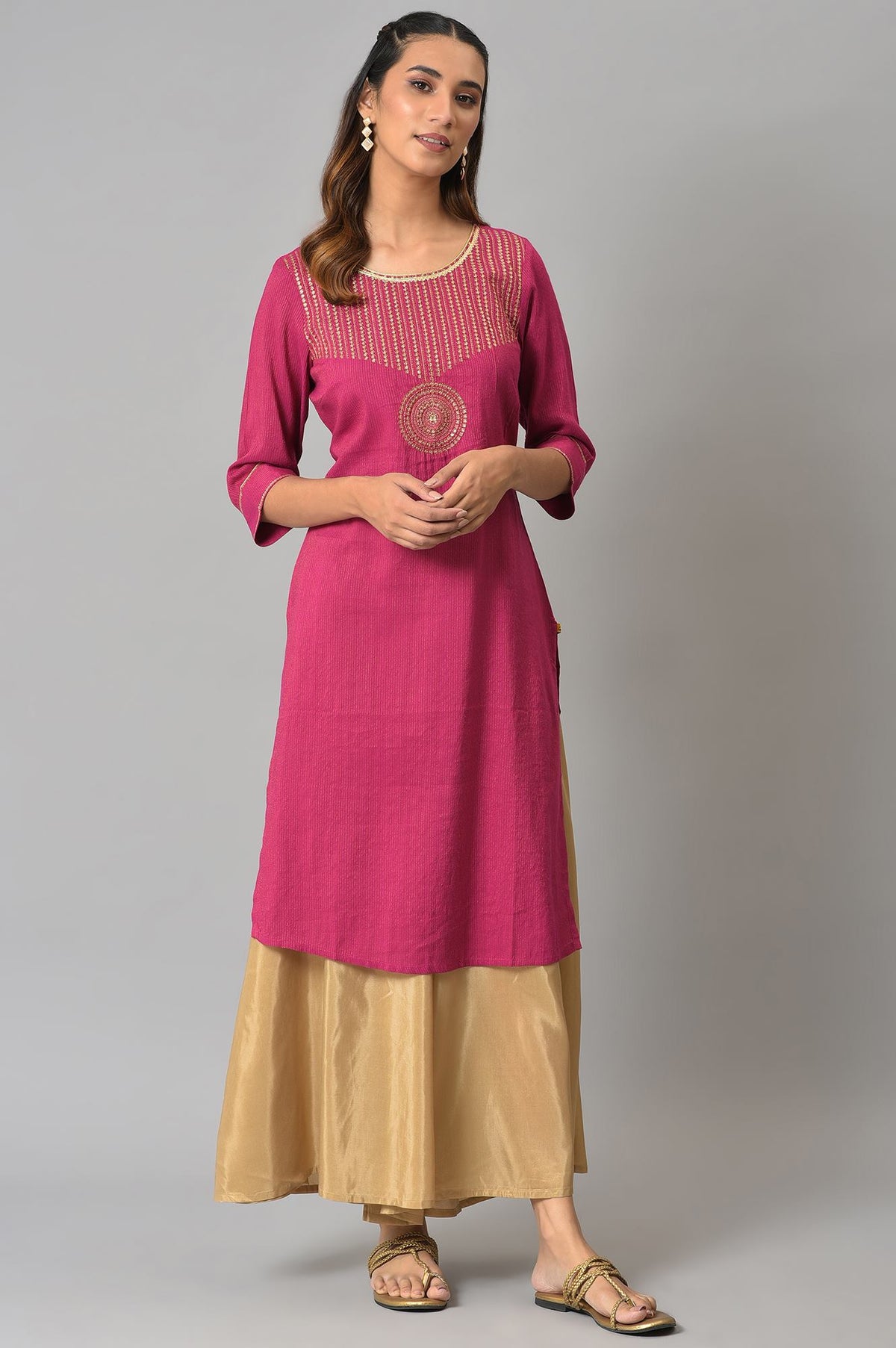Pink Classic Gold Zari Yarn-Dyed kurta - XS