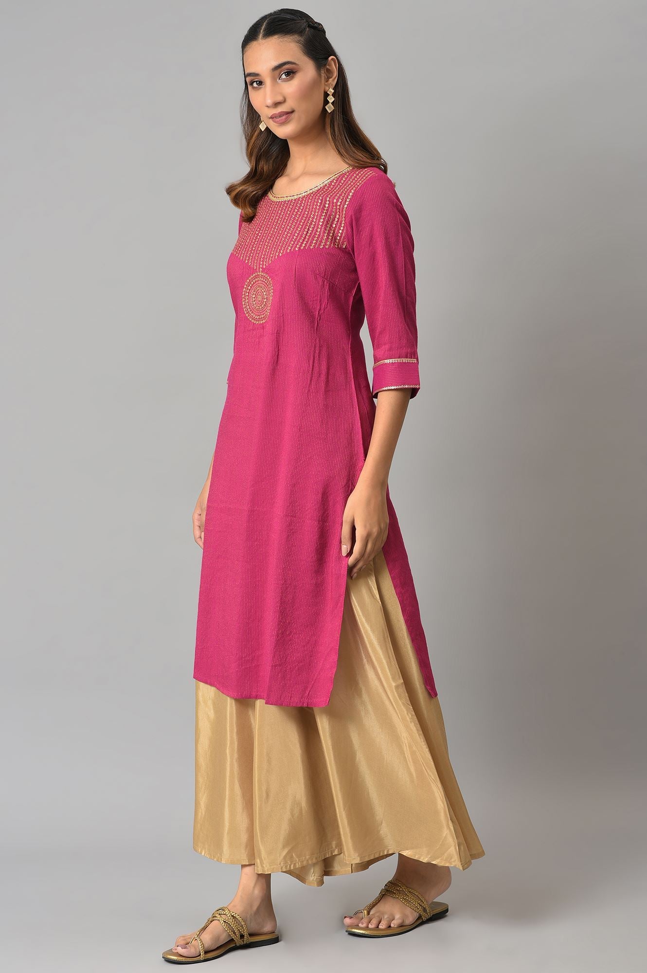 Pink Classic Gold Zari Yarn-Dyed kurta