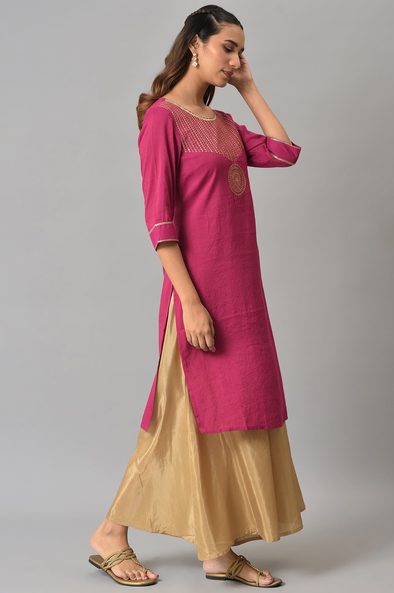 Pink Classic Gold Zari Yarn-Dyed kurta