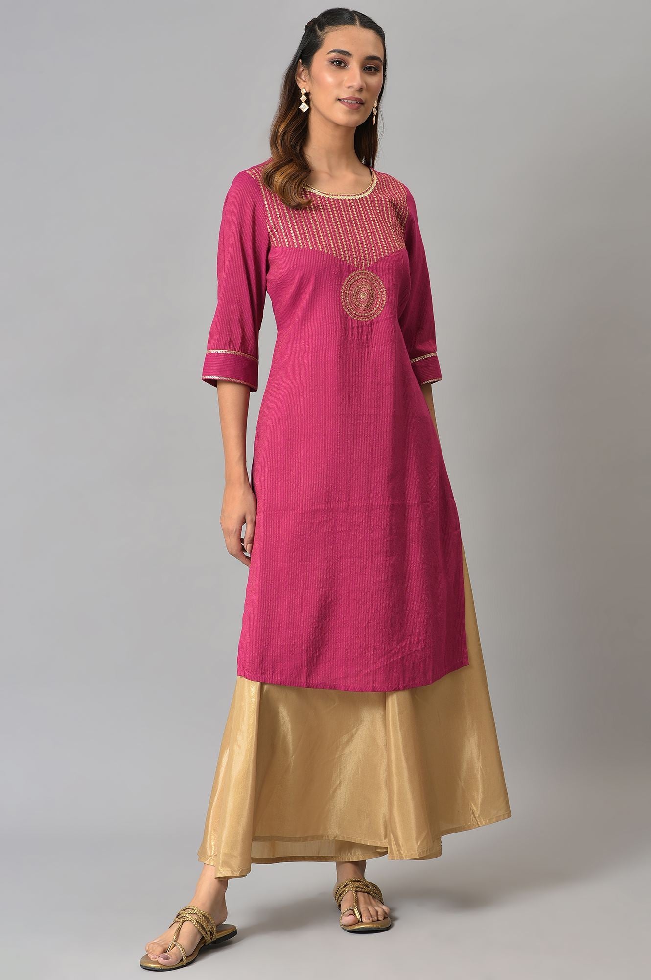 Pink Classic Gold Zari Yarn-Dyed kurta