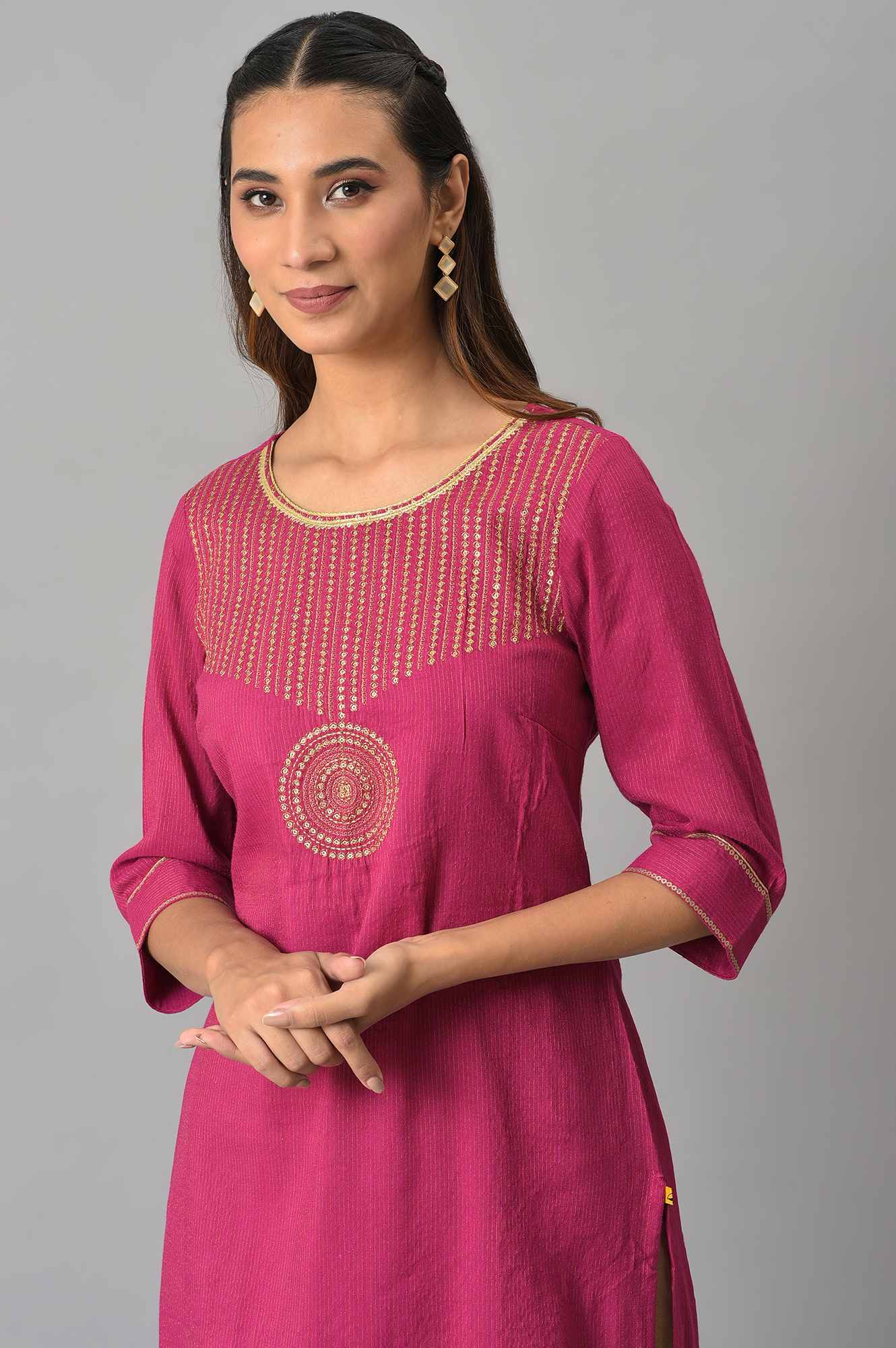 Pink Classic Gold Zari Yarn-Dyed kurta