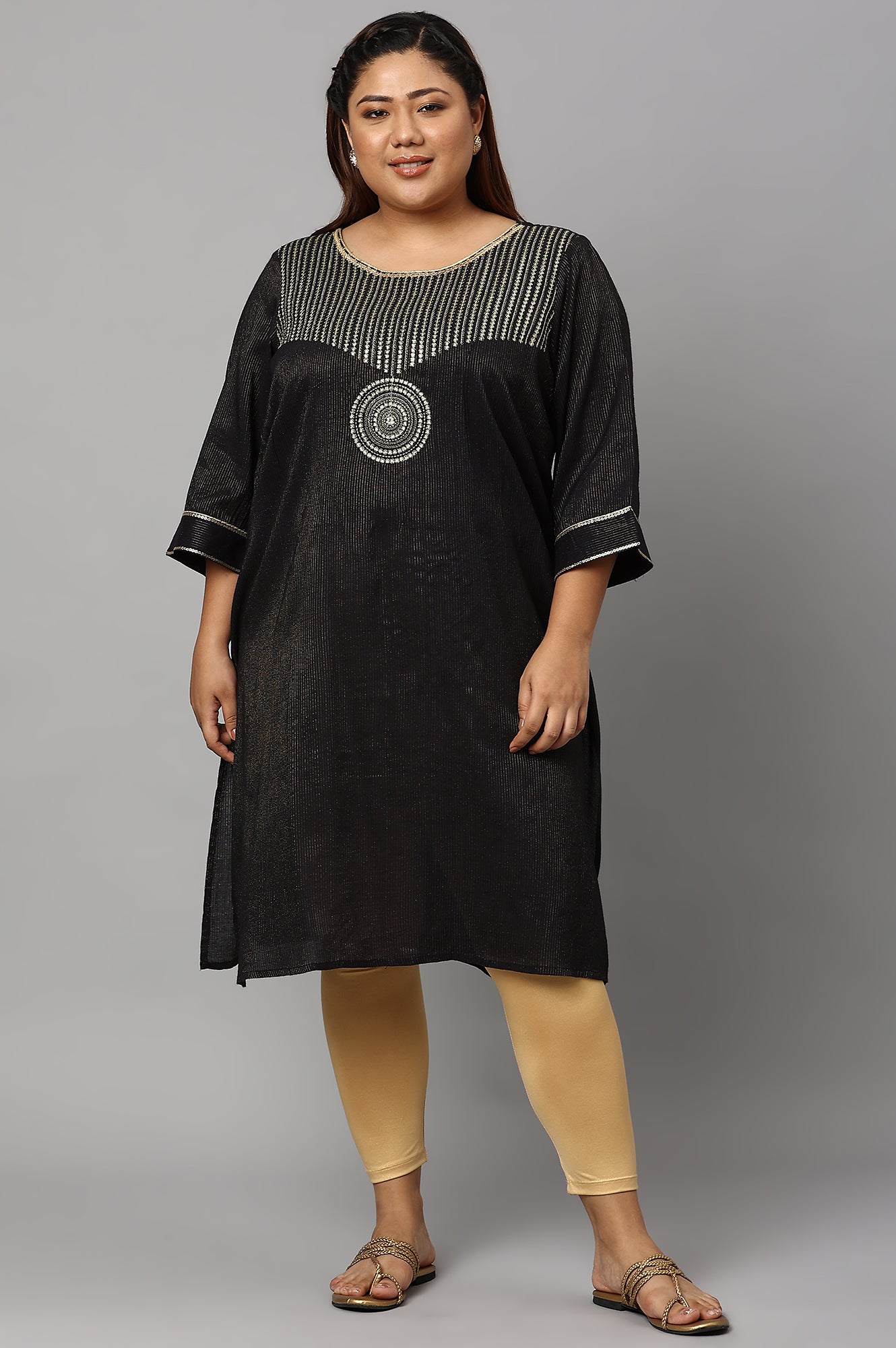 Black Classic Gold Zari Yarn-Dyed Plus Size kurta