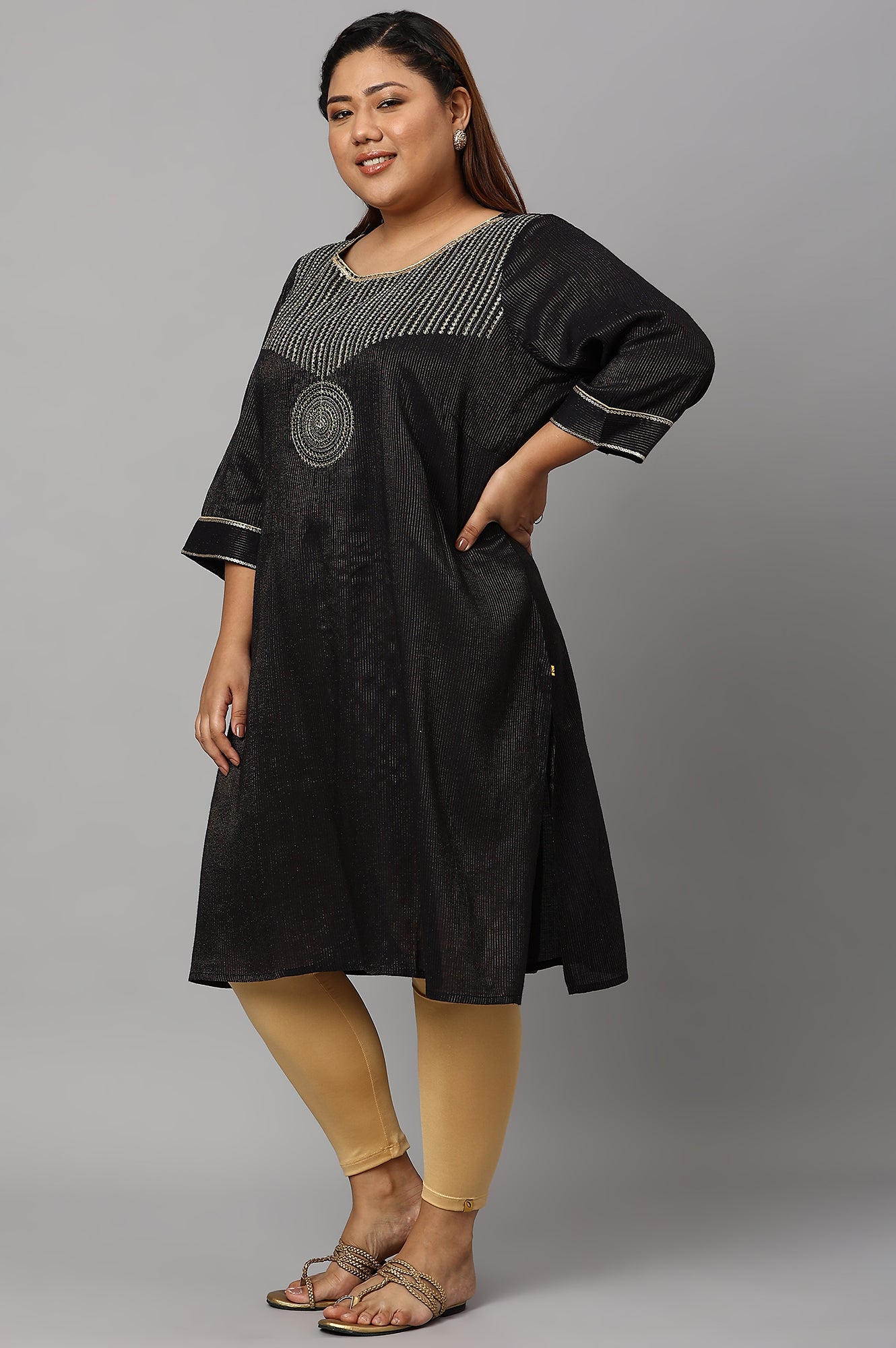 Black Classic Gold Zari Yarn-Dyed Plus Size kurta