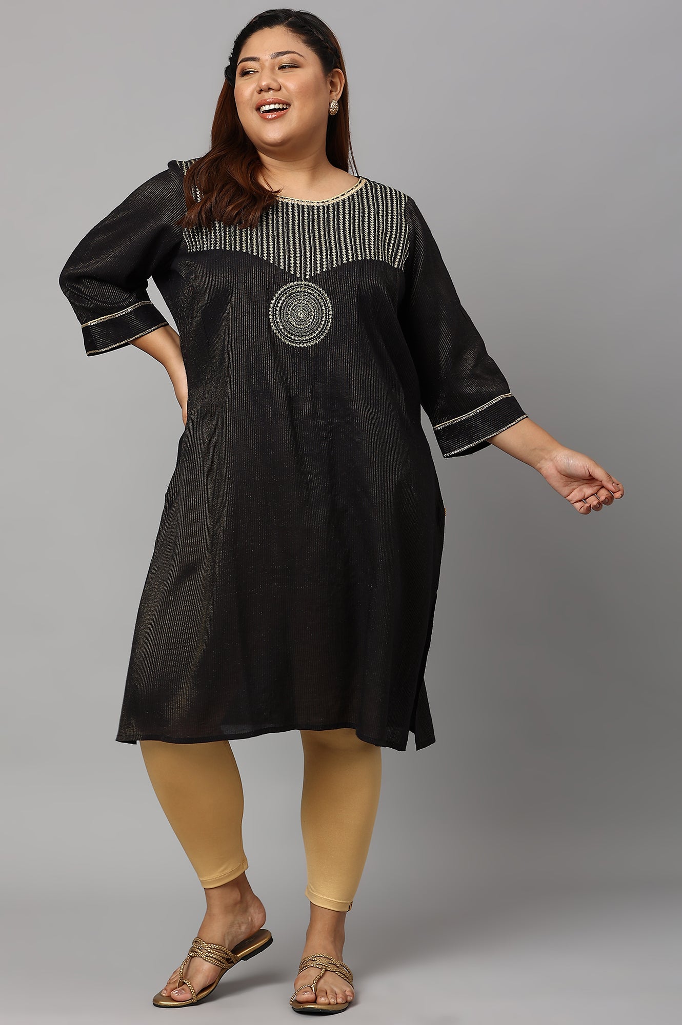 Black Classic Gold Zari Yarn-Dyed Plus Size kurta