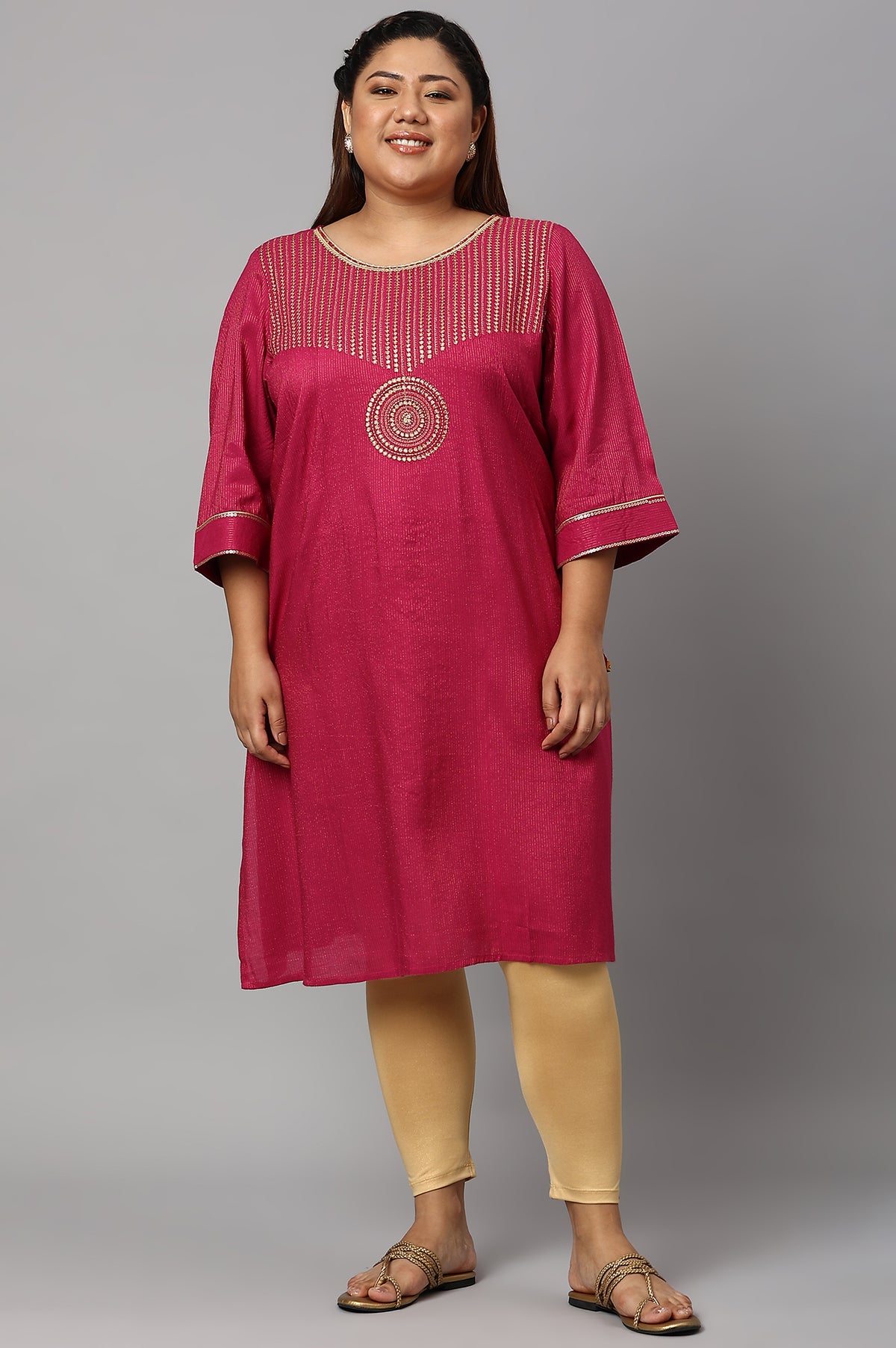 Red Classic Gold Zari Yarn-Dyed Plus Size kurta - 3XL