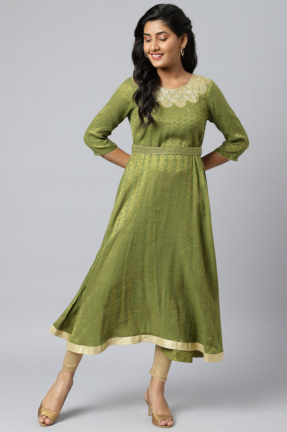 Green Zari Embroidered &amp; Sequined Dobby Kurta