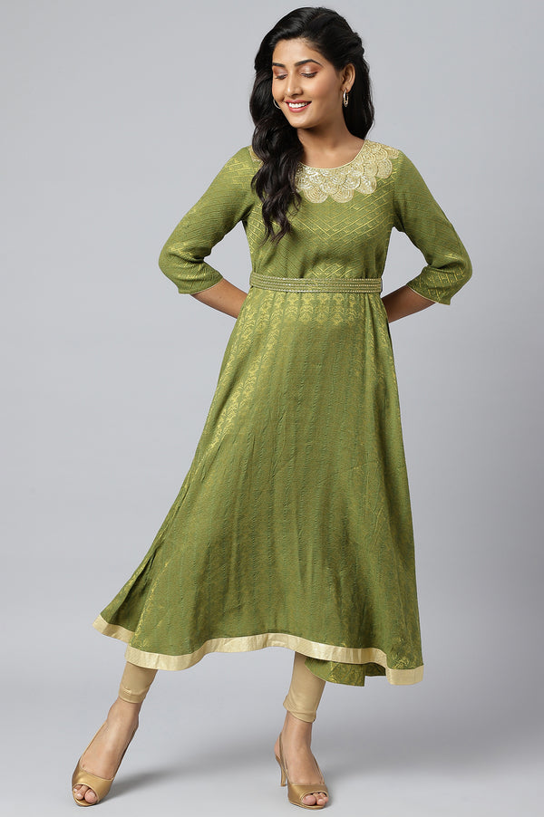 Green Zari Embroidered & Sequined Dobby Kurta