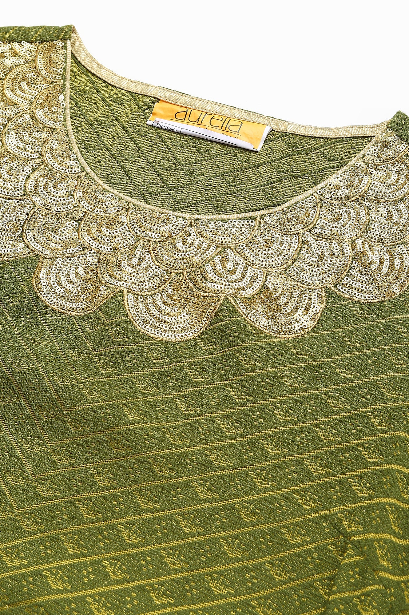 Green Zari Embroidered &amp; Sequined Dobby Kurta