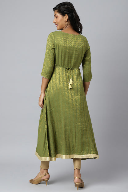 Green Zari Embroidered &amp; Sequined Dobby Kurta