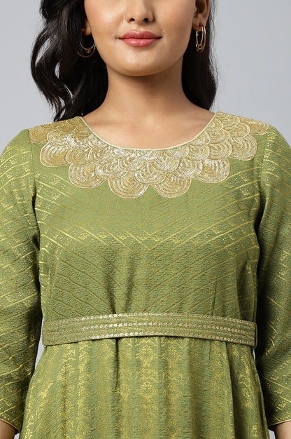 Green Zari Embroidered &amp; Sequined Dobby Kurta